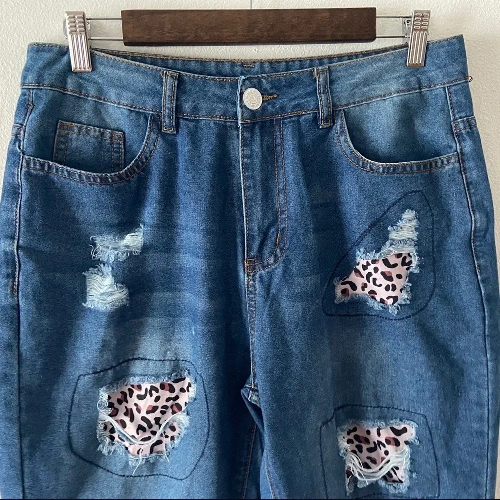 Distressed Leopard Patchwork Jeans High Waist Funky Pink Purple Stitching Medium - Picture 3 of 14